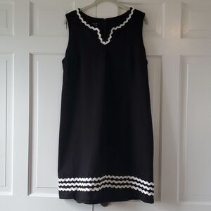 TALBOTS PONTE SHIFT DRESS BLACK WHITE SIZE 14 PREPPY OFFICE RIC RAC CONTRAST